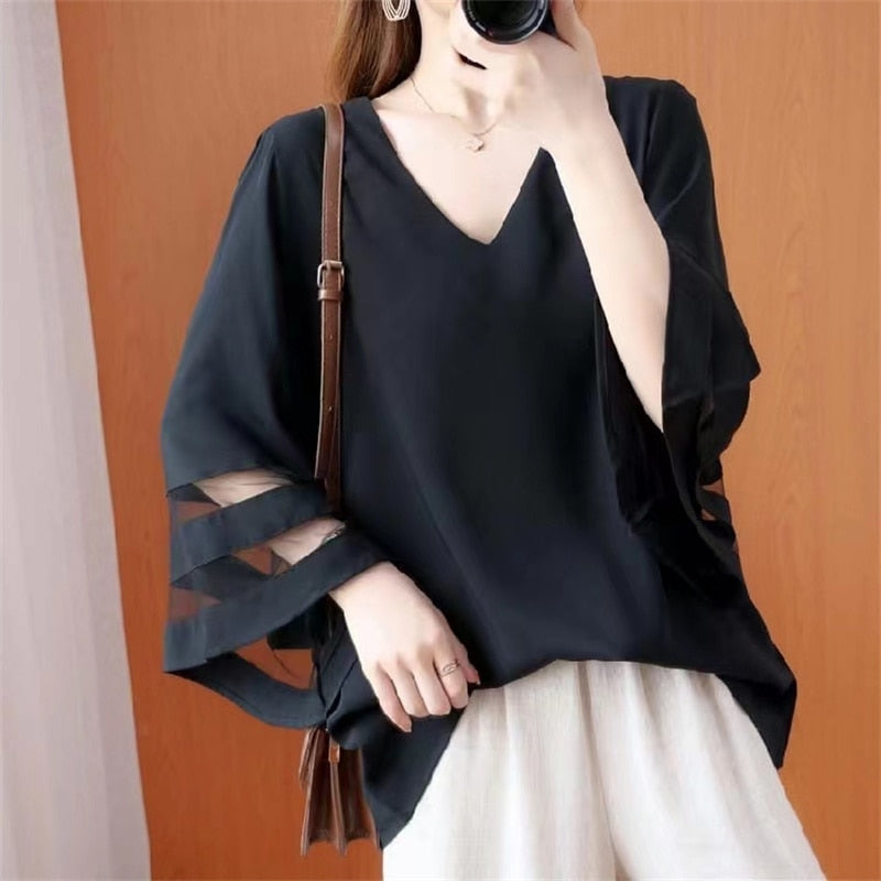 Sweet Elegant Casual V-neck Flare Sleeve Splicing Mesh Solid Color Loose Plus Size Chiffon Clothes For Woman Shirt Tops Blouses