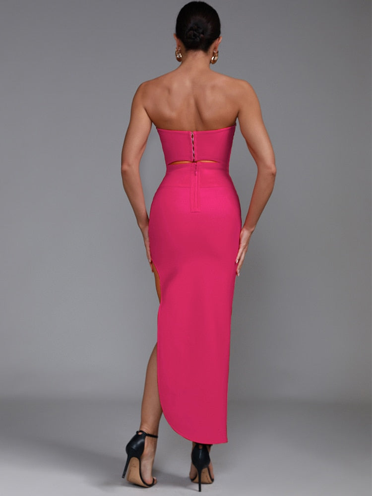 Pink Bandage Dress Women Midi Party Dress Bodycon Elegant Sexy Strapless Evening Birthday Club Outfits Summer