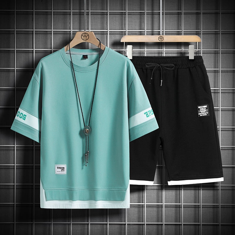2023 Summer Black White Tracksuits For Men's Set Sleeves T-Shirt + Shorts Sportswear Brand Sporting Suit Oversize 5XL