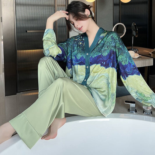 Lisacmvpnel 2022 New Spring Pajamas Women's Ice Silk Long Sleeve Suit Court Style Ice Silk Large Home Clothes