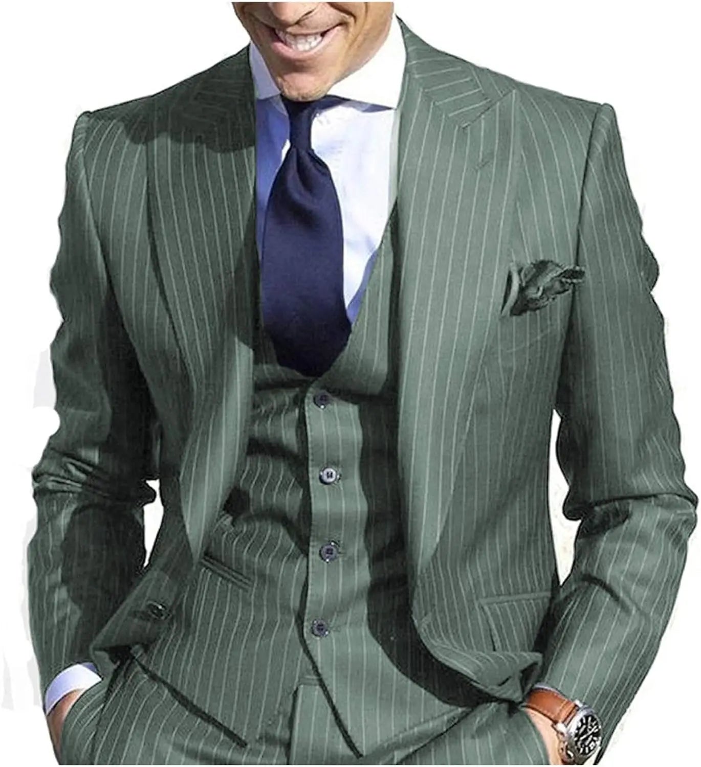 Men's Pinstripe Suit Slim Fit Stripe 3 Piece Suits Peaked Lapel Formal Wedding Business Suit Jacket Vest Pants Sets