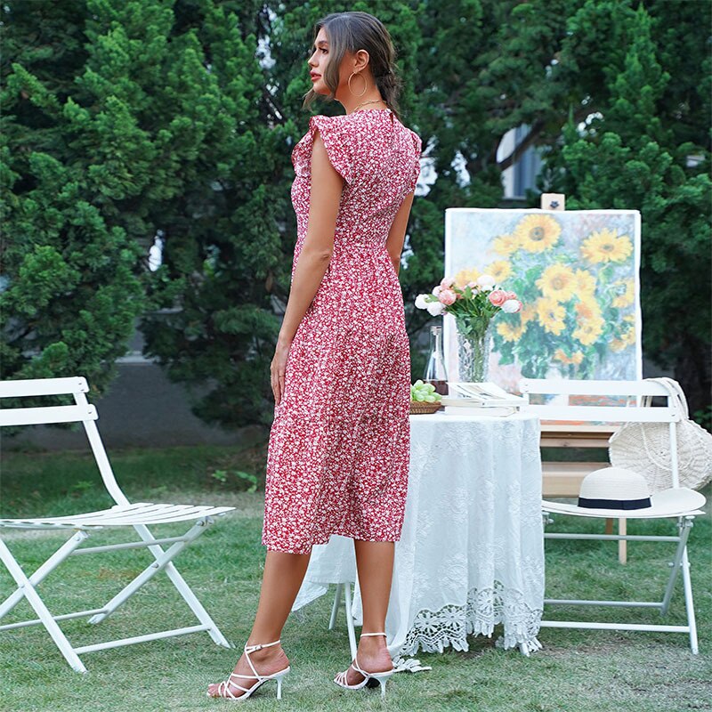 Summer Floral Midi Dress Women Sexy Ruffle Big Hem Short Sleeve Holiday Beach Dress Casual Elegant Red Long Party Dresses 2022