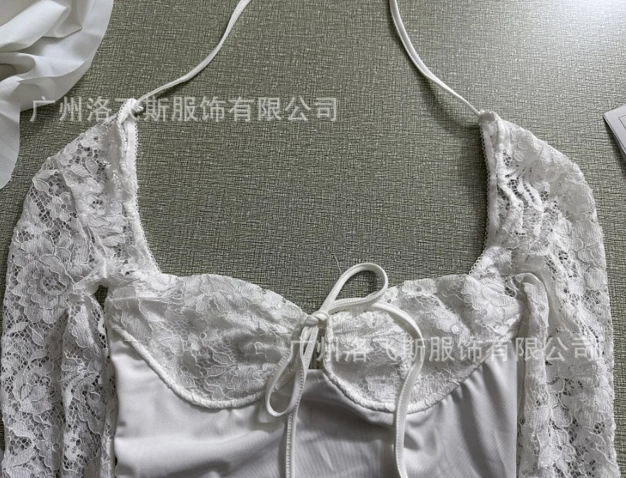 2024 European and American Fashion Women New Sexy Lace Lace Trimmed Slim Fit Backless French Long Sleeved Dress