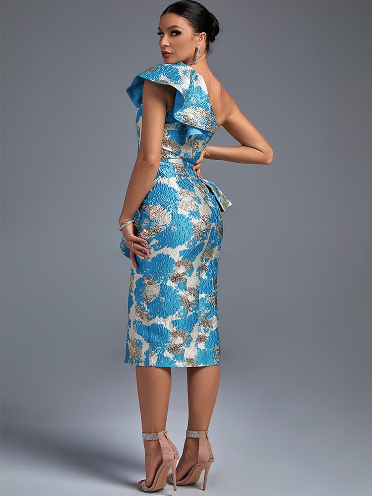 Jacquard Ruffle Party Dress Women Blue Bodycon Dress Elegant Sexy Midi One Shoulder Evening Club Outfits 2022 Summer New Fashion