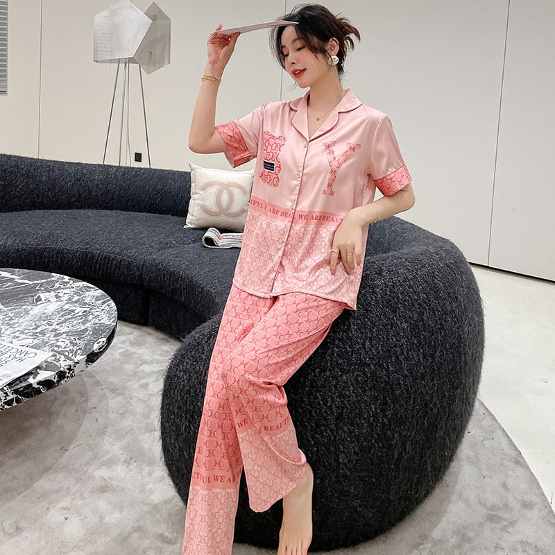 New pajamas female cartoon bear sweet and cute girl short-sleeved trousers suit пижама хлопок two piece set summer