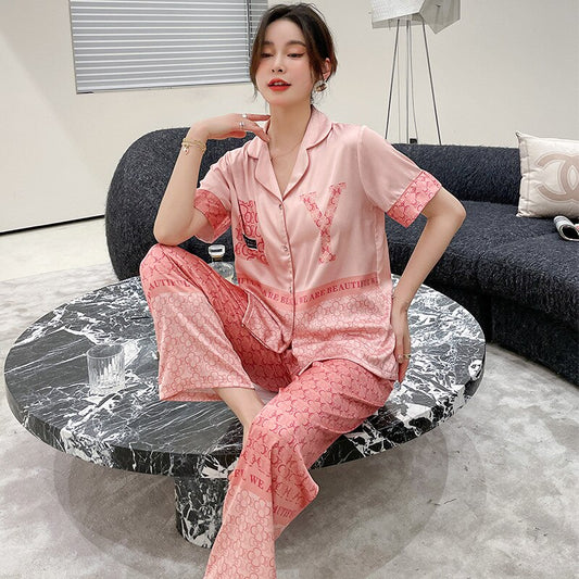 New pajamas female cartoon bear sweet and cute girl short-sleeved trousers suit пижама хлопок two piece set summer