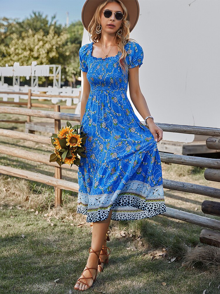 Summer Floral Long Dress Women Casual Ruffle Blue Short Sleeve Holiday Beach Dress Elegant Square Collar Midi Party Dresses 2022