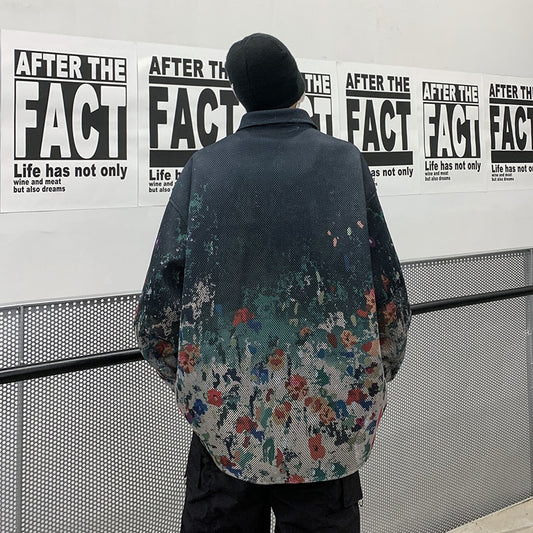 Vintage Floral Hollow Mesh Shirt for Men Streetwear Long sleeve Korean Style Fashion Design Clothes Men's Hip Hop Top Shirt