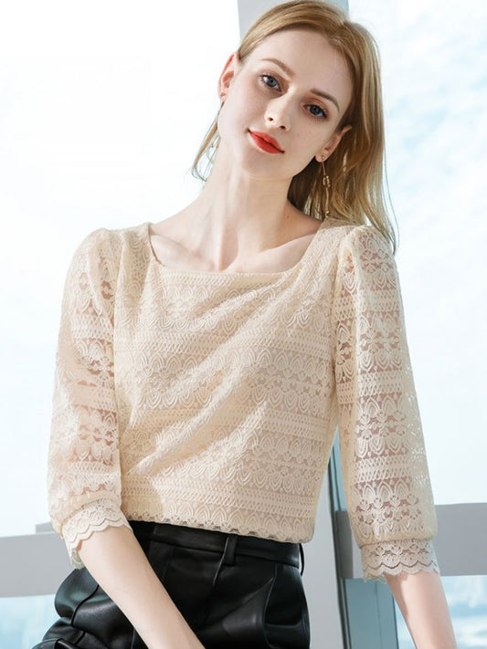Sweet Elegant Casual Lace Clothes for Woman 2023 Summer Autumn Hollow-out Temperament Slim Top T-shirt and Blouses Basics Fairy