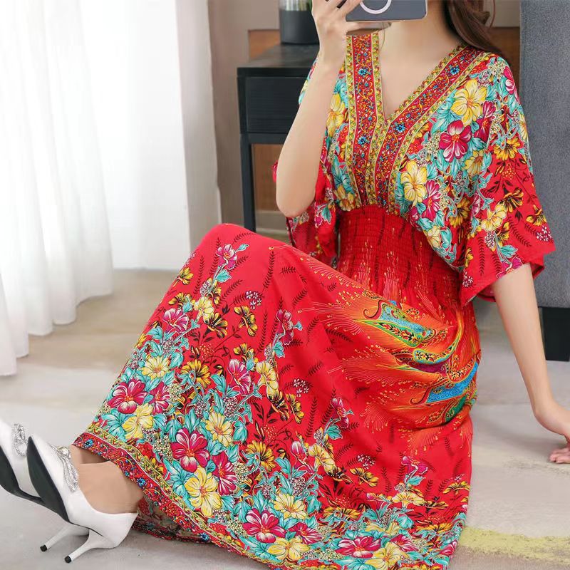 Casual Elegant Retro Style V-neck Tunic Large Swing Printed Dress Long Skirt