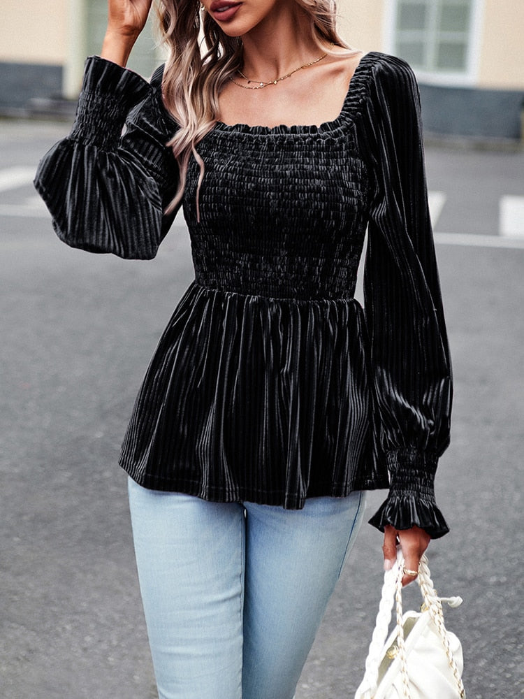 Elegant Velvet Women's Blouse Black Square Collar Long Sleeve Top Fashion Youth Ruffle Shirts Autumn Clothes For Women 2023 New