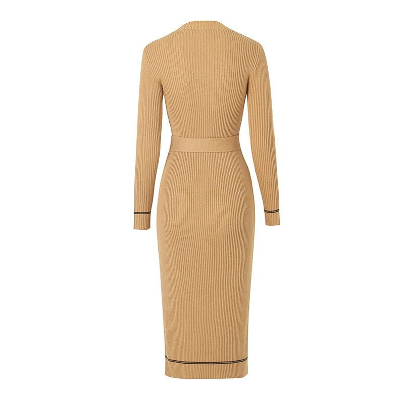 New Fall Quality Design 3 Colors Elegant O-neck Sheath Knitting Fabric Long Skinny Belt Dress