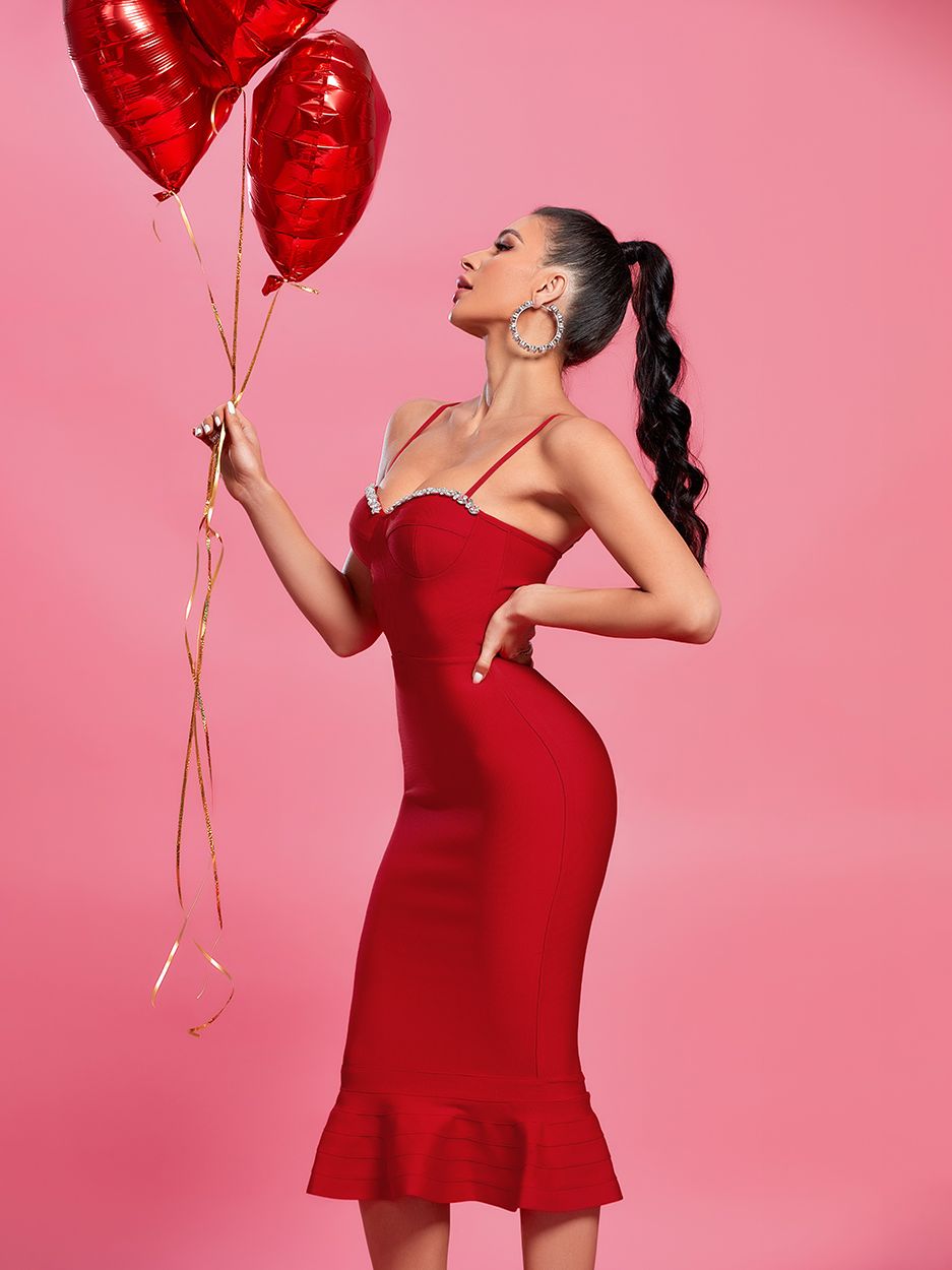 Crystal Bandage Dress Women Red Party Dress Bodycon Elegant Sexy Mermaid Midi Evening Birthday Club Outfit 2023 Summer New