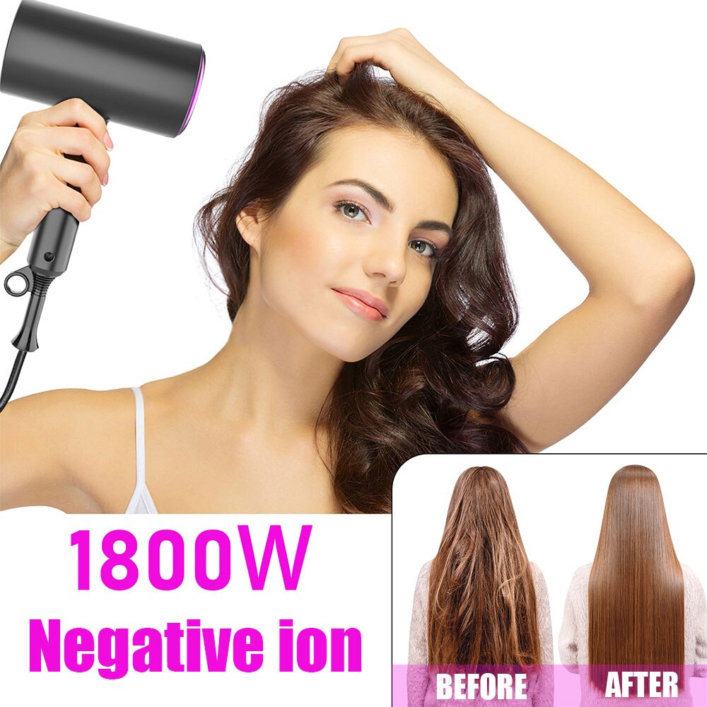 Travel Hair Dryer Folding Negative Ion Blower 1800W Portable Light Weight Compact Size Quiet Small Drys Quickly with 2 Nozzles