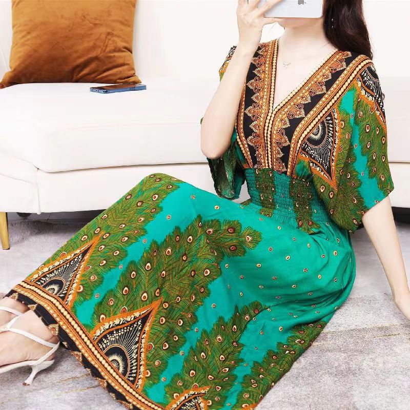 Casual Elegant Retro Style V-neck Tunic Large Swing Printed Dress Long Skirt
