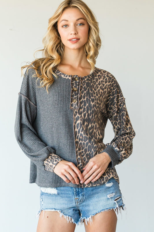 Unique Leopard Color Block Long Sleeve Top