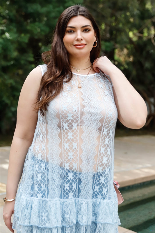 Plus Lace Sheer Ruffle Hem Sleeveless Maxi Top