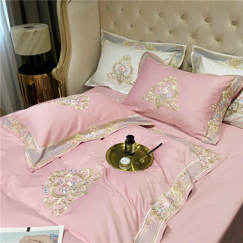 Premium 1000TC Egyptian Cotton US Queen King 104X90" Oversize Bedding Set White Pink Embroidery Duvet Cover Bed Sheet Pillowcase