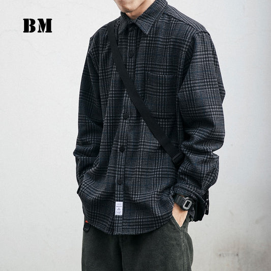 2021 High Quality Thick Woolen Shirt Men Clothing Japanese Streetwear Lapel Long Sleeve Casual Plaid Top Harajuku Coats Male
