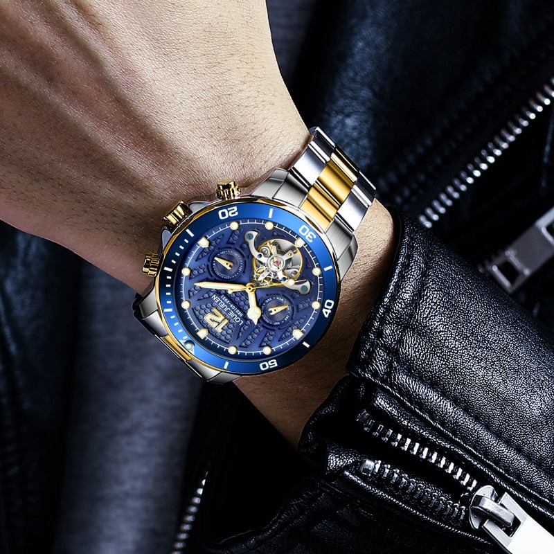 BELUSHI Top Brand Luxury Mens Business Watches Automatic Mechanical Watch Tourbillon Waterproof Clock Stainless Steel Wristwatch