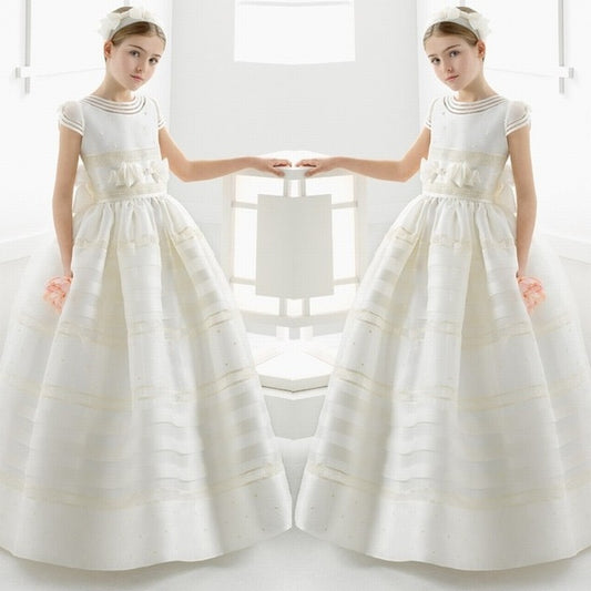 Cute Ball Gown White First Communion Dresses for Girls Satin Empire Bow Floor Length Flower Girl Dresses for Weddings Birthday