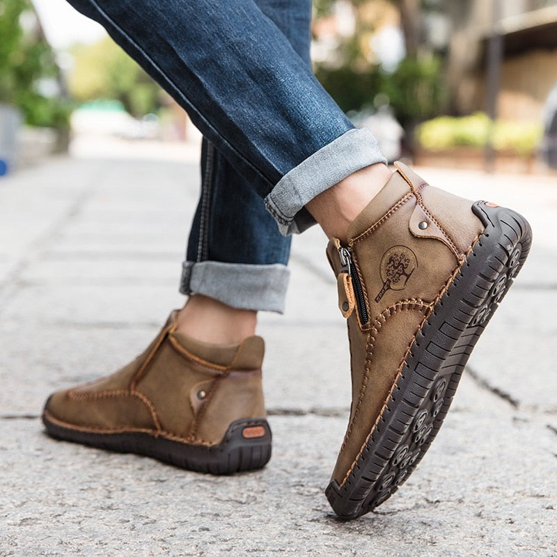 Spring Leather Men Short Boots Autumn Lace-up Flats Medium-top Shoes Outdoor Male Breathable Casual Shoes Handmade Men's Boots