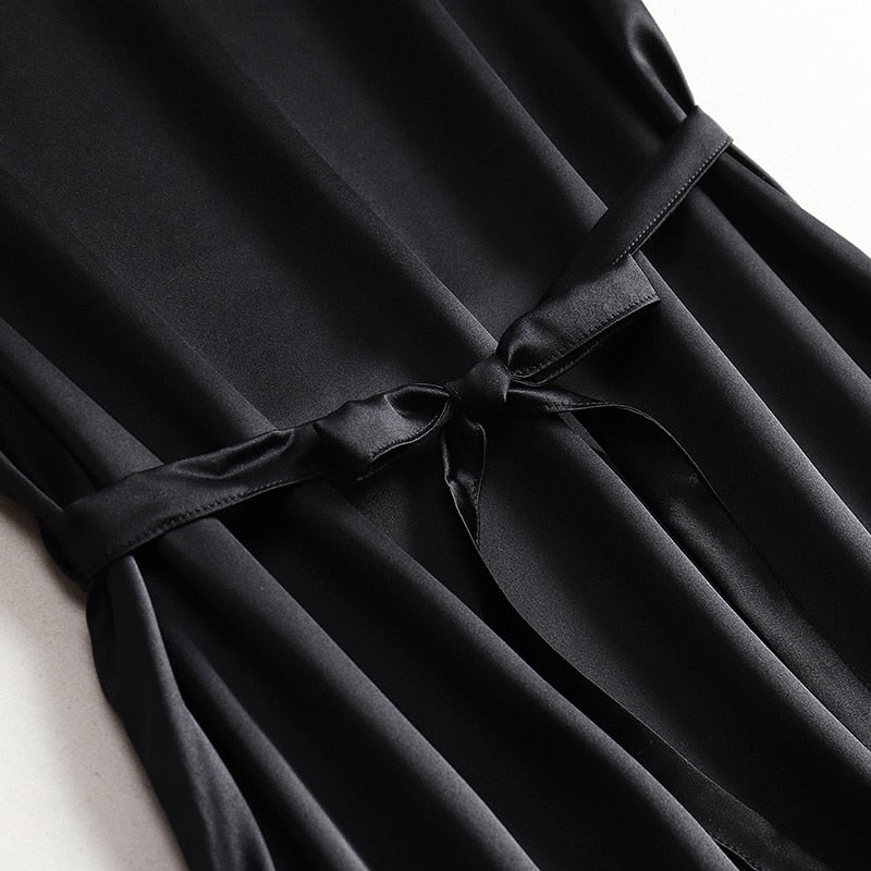 SuyaDream Woman Midi Dress 100%Silk Satin Solid Bat Sleeves Sashes Dresses 2022 Spring Summer Green Black Chic Dresses