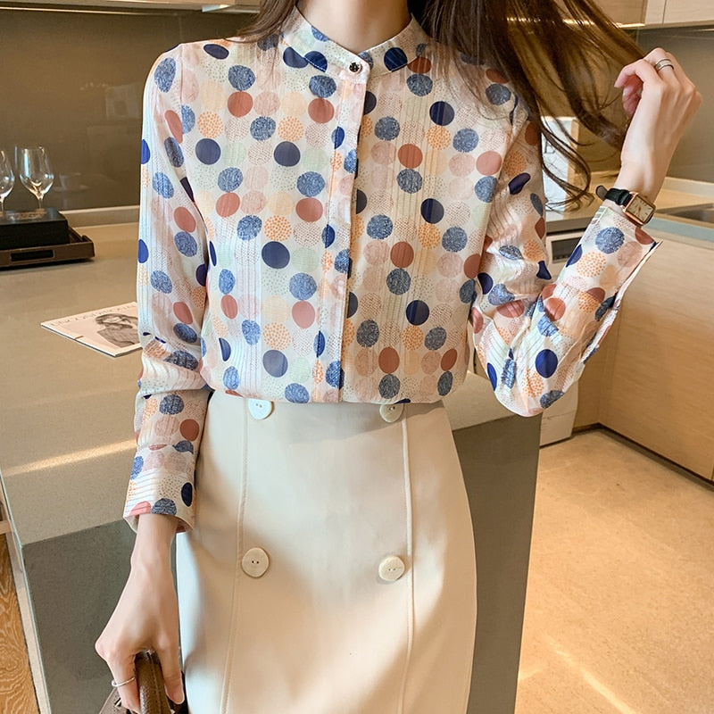Korean Women Shirts Chiffon Blouses Women Long Sleeve Shirt Woman Polka Dot Shirts Top Ladies Print Blouse Tops Fashion Shirt