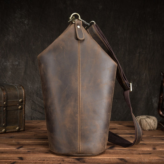 PNDME vintage cylinder design natural genuine leather men's chest bag fashion casual crazy horse cowhide shoulder crossbody bags