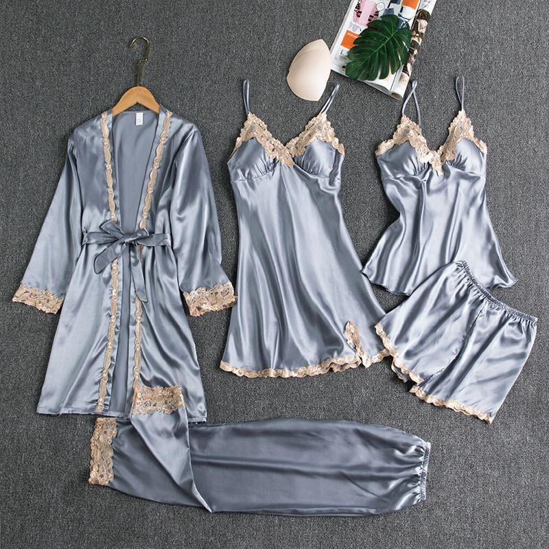 Sleepwear Female 5PCS Pajamas Set Satin Pyjamamas Lace Patchwork Bridal Wedding Nightwear Rayon Home Wear Nighty&Robe Suit