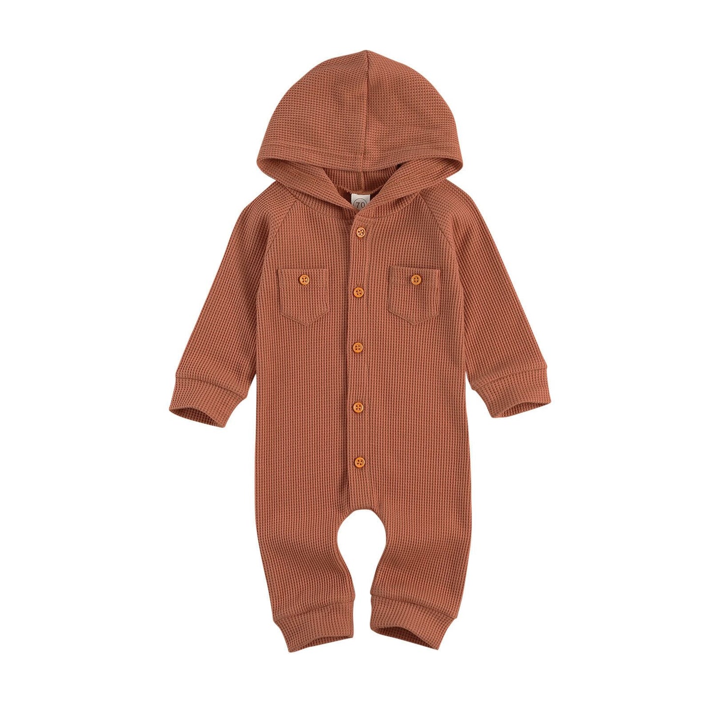 lioraitiin 0-24M Newborn Baby Boy Girl Fall Waffle Pattern Rompe Long Sleeve Single Breasted Hooded Jumpsuits Two Front Pockets