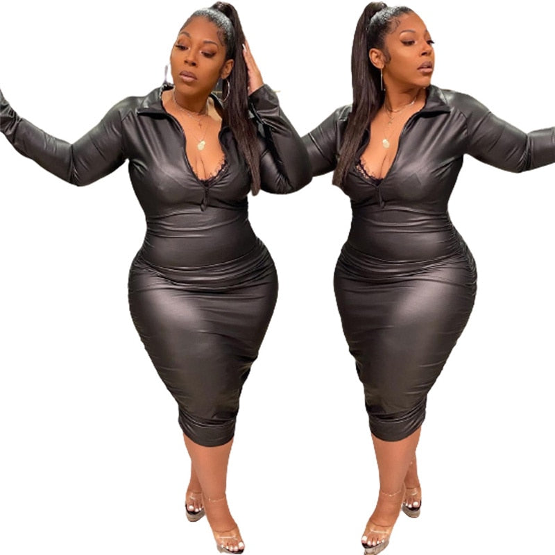 Plus Size Dresses Zipper Sexy Black Dress Clubwear Stretchy Leather Long Sleeve Midi Dress Bodycon Wholesale Dropshipping