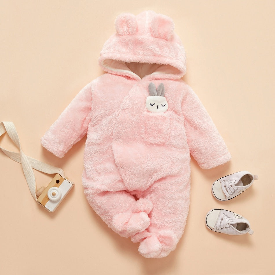 PatPat Baby Girls Clothes Solid Fleece Rabbit Hooded Footed / Long-sleeve Baby Jumpsuit Unisex Baby Winter Clothes for Newborn