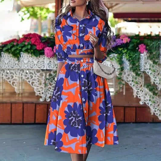 Fashion Striped Print Outfits WomenTurn-down Collar Button Crop Top + A-line Skirts Two Piece Suit Autumn Casual Woman Suit's