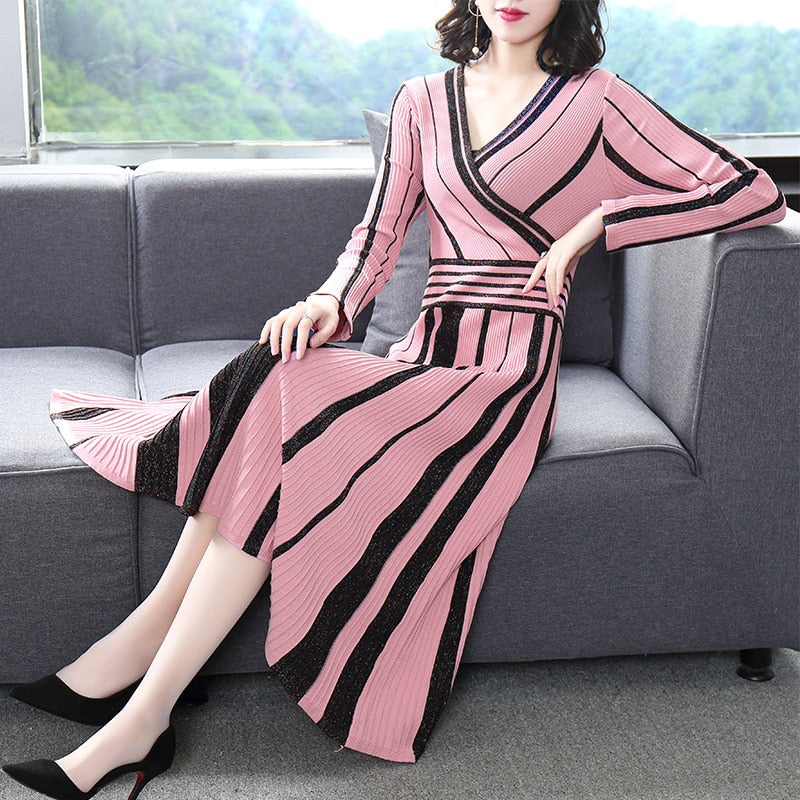 Dress 2019 autumn new color contrast pleated big swing dress autumn winter women's wear