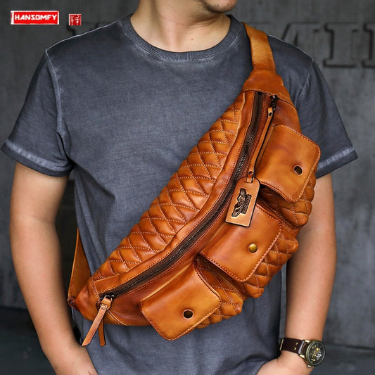 Dumpling Chest Bag, the First Layer of Vegetable Tanned Cowhide, Retro Leather Men's Shoulder Messenger Bag, New Riding Men Bags