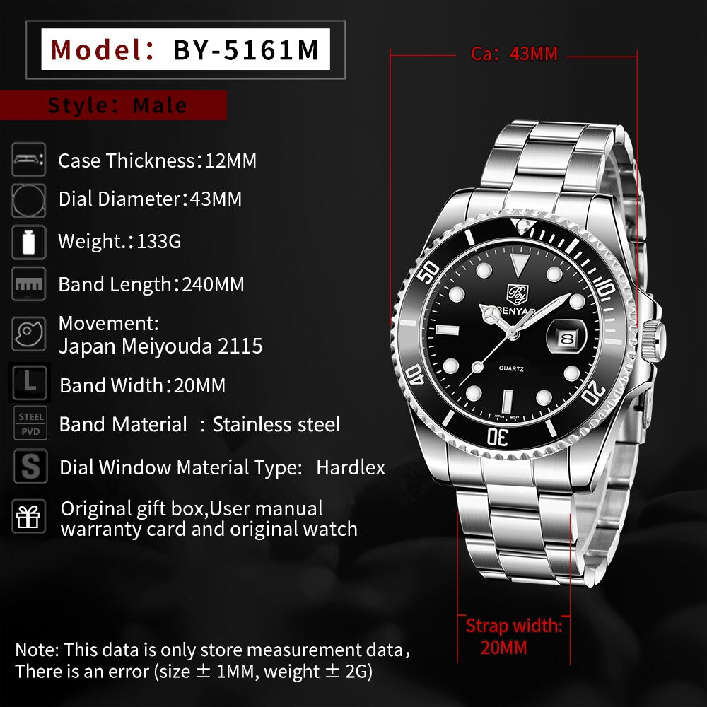 BENYAR 2022 New Luxury Business Men Quartz Wristwatch Top Brand Stainless Steel 30ATM Waterproof Sports Men Watch reloj hombre