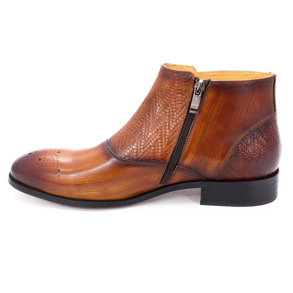 British Style Mens Ankle Boots Genuine Leather Handmade Zip Strap Double Buckle High Top Fashion Dress Shoes Boots Men Black