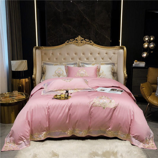 Bedding Set - Premium 1000TC Egyptian Cotton US Queen King 104X90" Oversize Bedding Set White Pink Embroidery Duvet Cover Bed Sheet Pillowcase