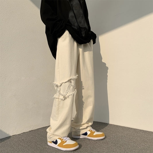 2022 New Fashion Casual Ripped Pants Spring Men's Straight Wide-leg Pants Chain Decor Washed Cotton Long Trousers Apricot/Black