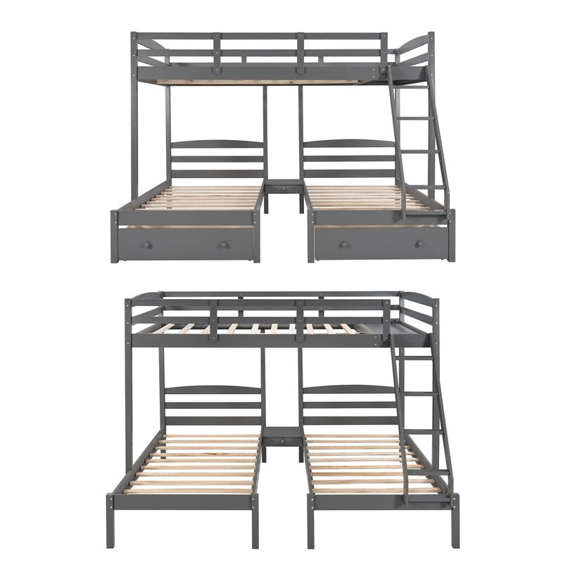 Wood Triple Bunk Bed Full Over Twin & Twin Bunk Bed With Guardrails For Kids Teens Adults