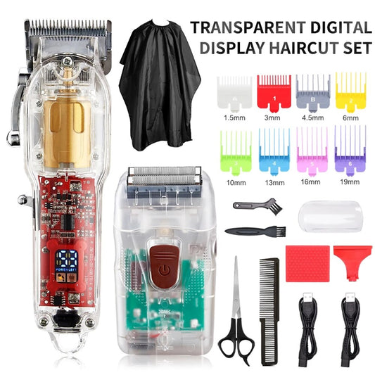 Professional Transparent Cover Hair Clippers New Model Rechargeable Cutting Machine Oil Head Trimmer 2 Set 1800mAh 3 Hours