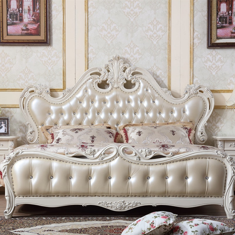 European Style Carved Leather Bed Wedding Bed 1.8 Meters Furniture Leather All Solid Wood Carved Bed Princess Double Bed