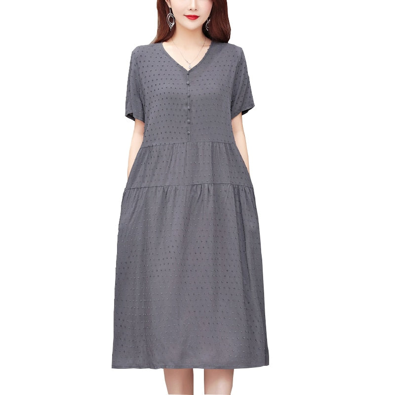 New Fashion Casual Style 2023 Summer Dresses For Women V-neck Cotton Robe Femme Vintage A-line Solid Dress Women Clothing