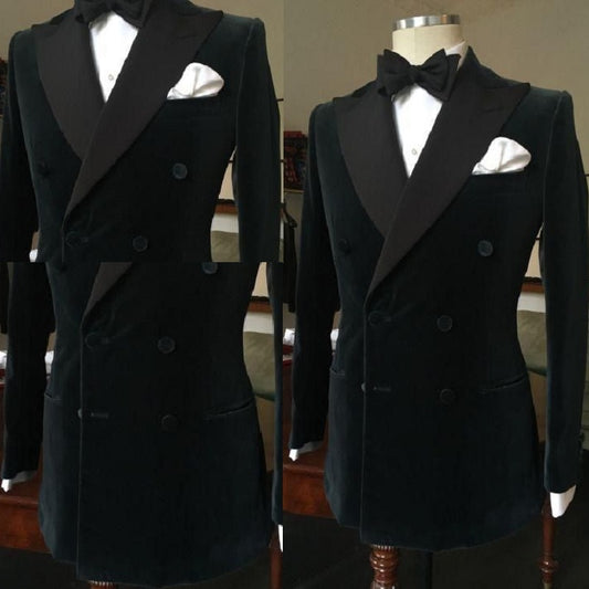Formal Black Double Breasted Slim Groom Wedding Prom Suits For Men Custom Made Velvet Men's Tuxedo Wedding Suits One Jacket
