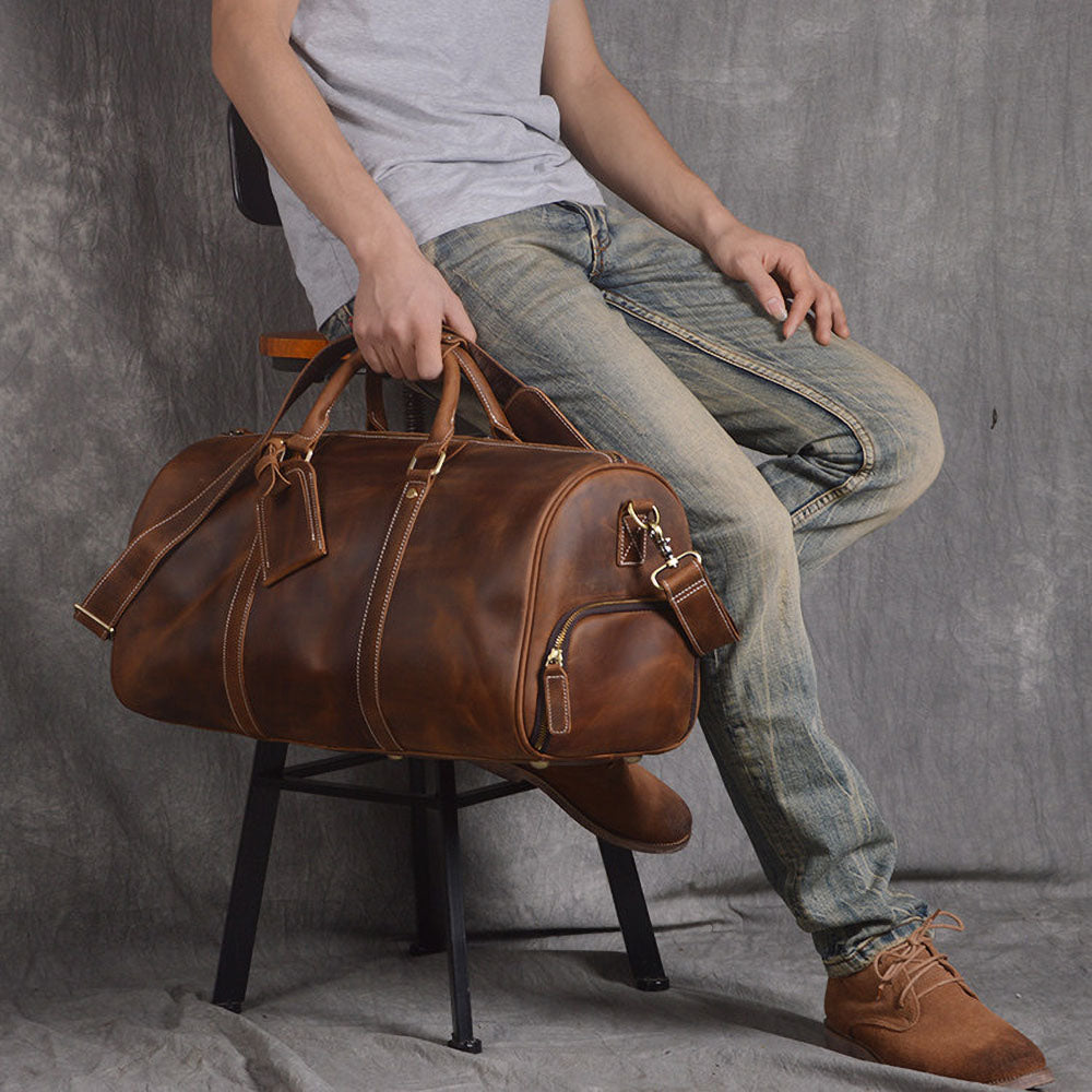 ZRCX Vintage Men's Hand Luggage Bag Travel Bag Geunine Leather Large Capacity Single Shoulder Messenger For 15 Inch Laptop