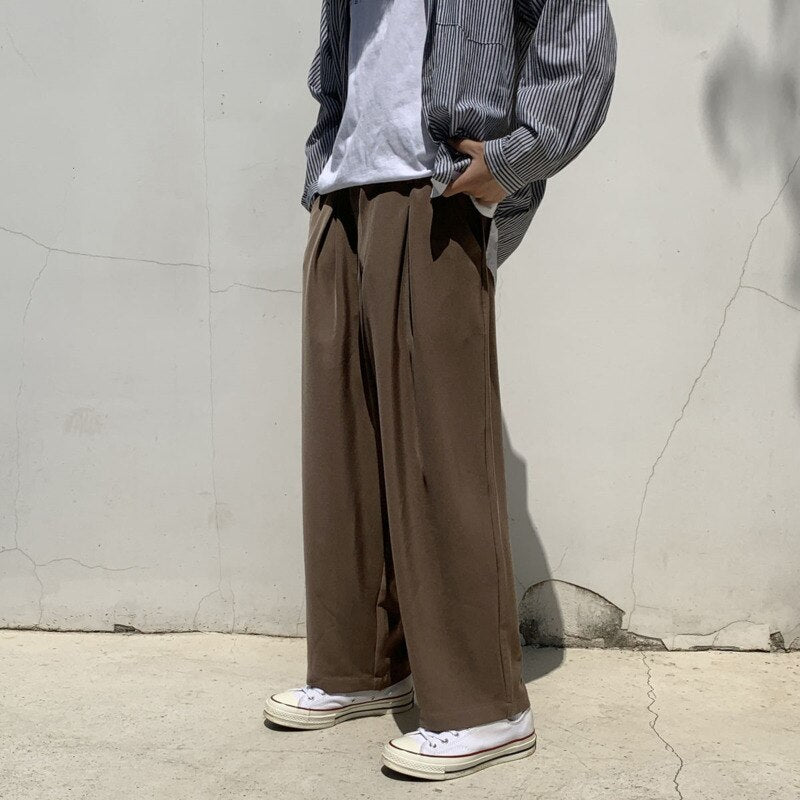 Spring Summer Wide-leg Pants Men's Fashion Black Brown Casual Pants Men Korean Loose Straight-leg Suit Pants Mens Dress Pants