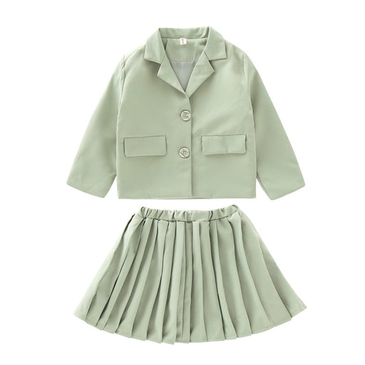 Girls Blazer Jackets Suit Children Kids Blazer+Pleated Skirt School Uniform 2Pcs Baby Spring Winter Suit Solid Color Clothes Set
