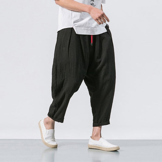 Best Black Linen Cropped Trousers Ethnic Style Harem Pants Mens Baggy Pants Summer Japanese Loose Joggers www.chishtismart.com