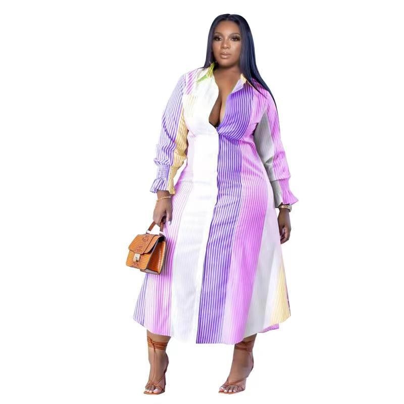 Plus Size Dresses Women Clothing Office Elegant Midi Dress Striped Ladies Long Sleeve Shirt Dress Dropshipping Wholesale